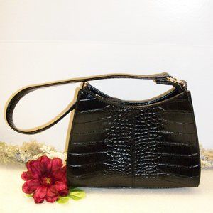 LIZ CLAIBORNE Black Faux Croc Embossed Shoulder Bag  7" H X 9 1/4"W Silver Trim